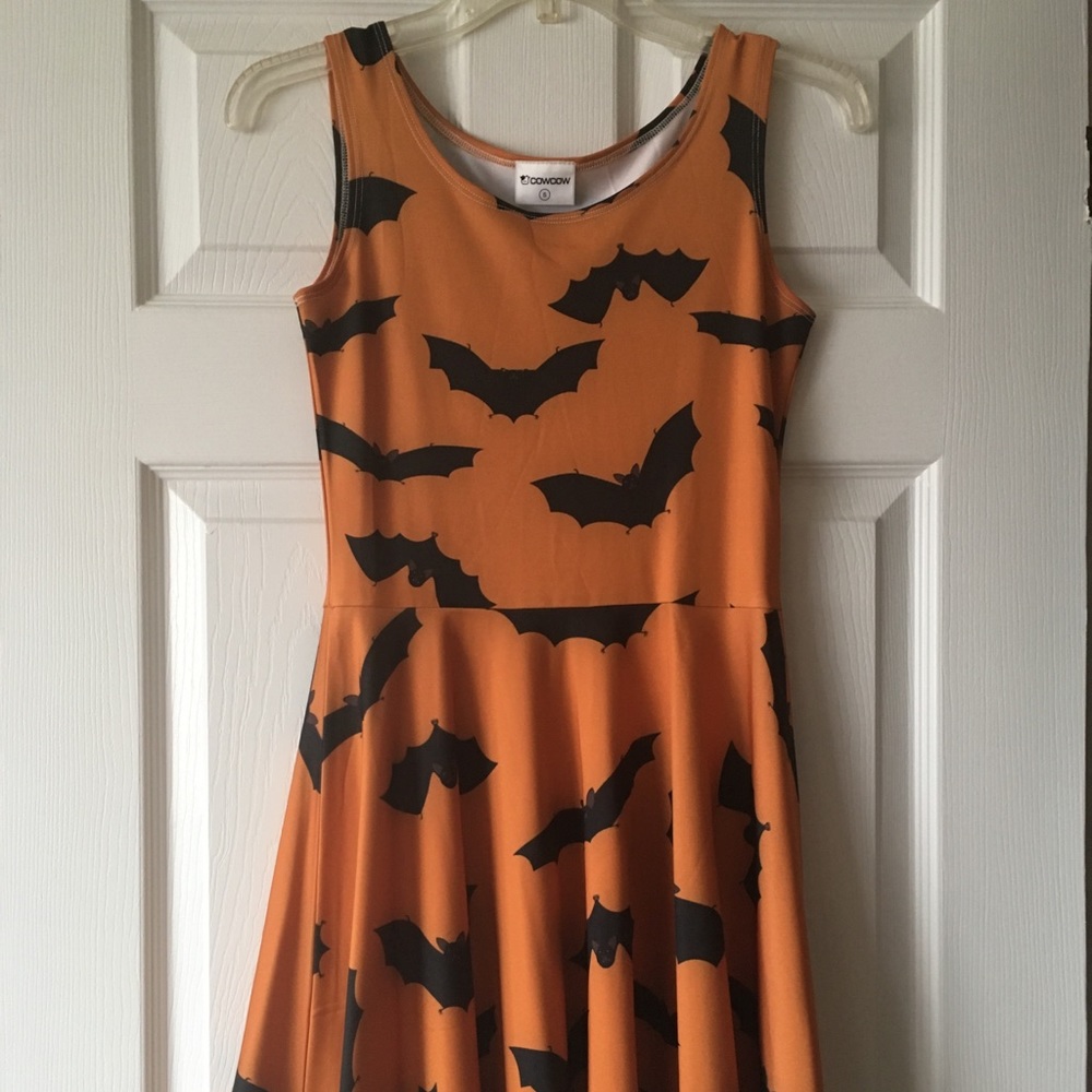 Bat Print Orange and Black Halloween Skater Dress